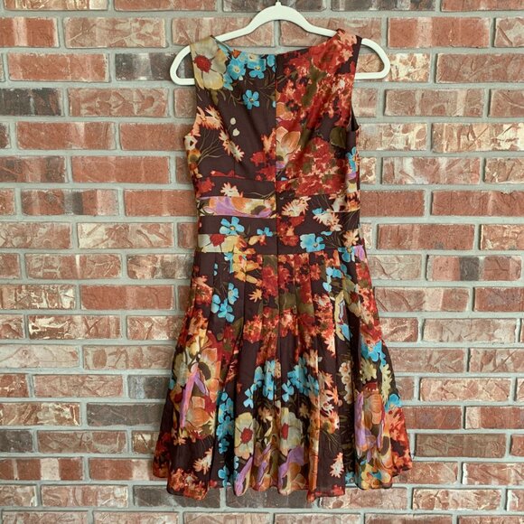 Kay Unger Women's Floral Brown Silk Wool Blend 2 Pleated Midi A-Line Dress GUC - Picture 3 of 16